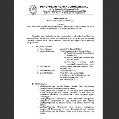 Pemilihan Lembaga atau Organisasi POSBAKUM PA Lubuklinggau 2